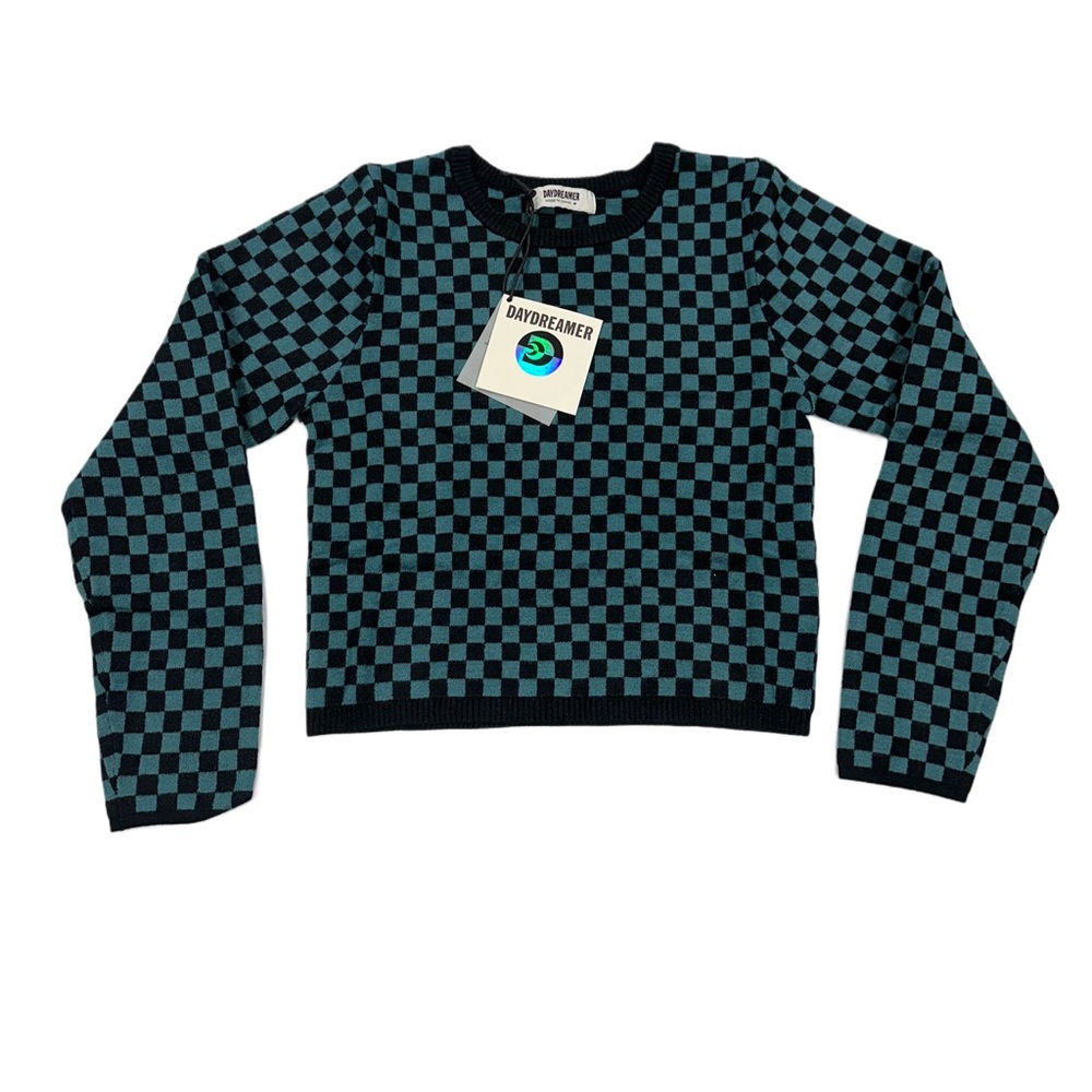 NWT Daydreamer Teal Check Long Sleeeved Cropped Sweater
